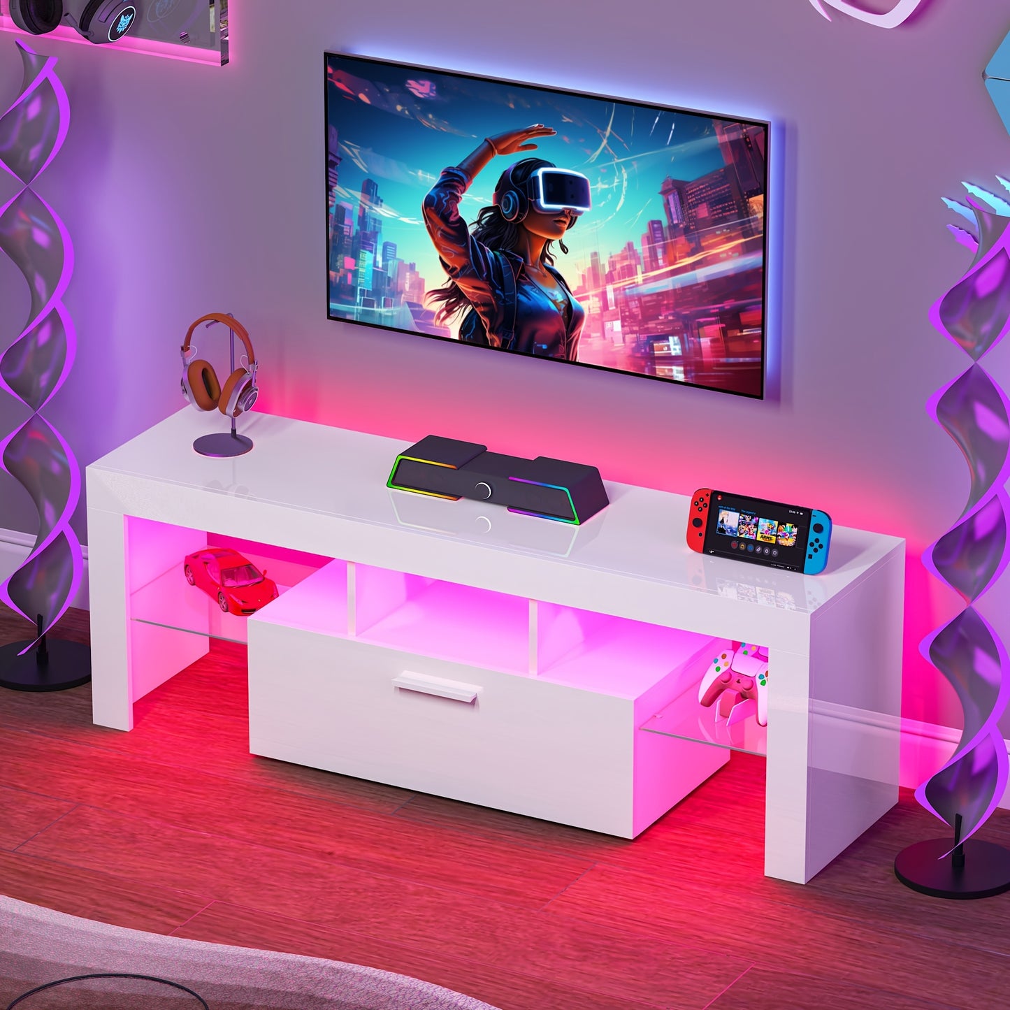 71" High Gloss White TV Stand with LED Lights for 55/65/75/80 Inch TVs, Gaming Entertainment Center with Cabinet for PS5, Modern Media Console Table with Glass Shelves for Living Room, Game Room, Bedroom