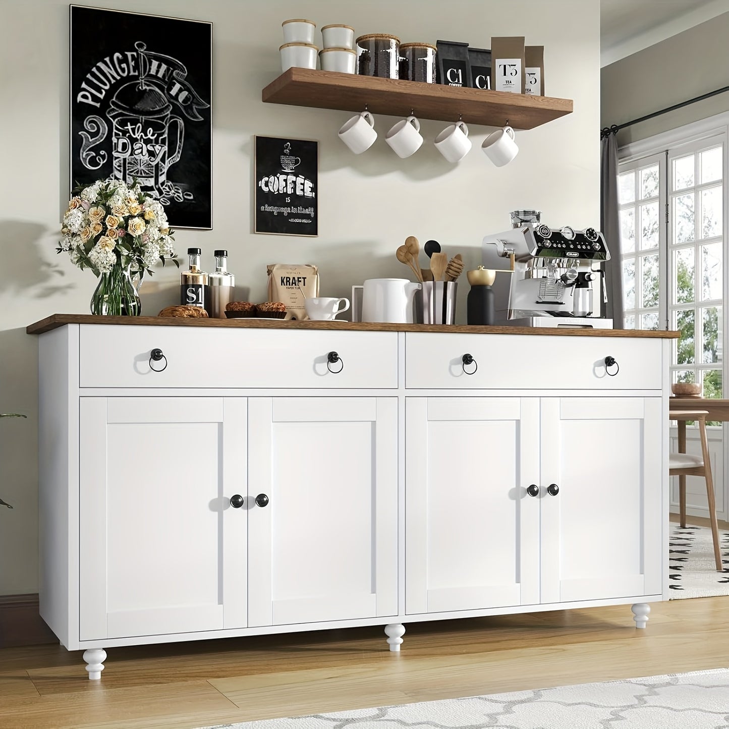 55-Inch Sideboard Buffet Unit, Mid-Century Kitchen Storage Cabinet Featuring 2 Drawers And 4 Doors, Coffee Bar Storage Cabinet