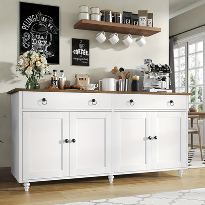 55-Inch Sideboard Buffet Unit, Mid-Century Kitchen Storage Cabinet Featuring 2 Drawers And 4 Doors, Coffee Bar Storage Cabinet