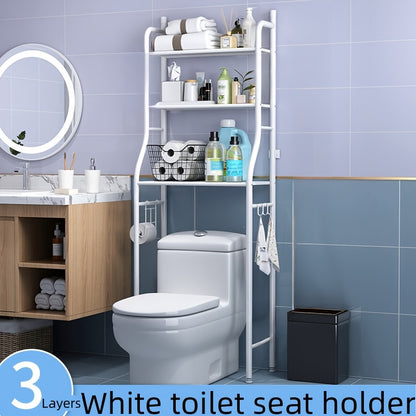 1pc Space-Saving Over The Toilet Storage Shelf, 3-Tier Freestanding Metal Frame Over-The-Toilet Storage Cabinet with Roll Paper Holder And Hooks, Easy Assembly No Drilling Required, for Toilet Washing Machine Small Bathrooms, White/Black