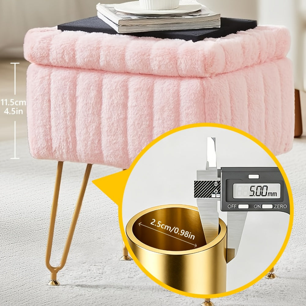 Vanity Stool with Storage Hidden Compartment Gold Metal Legs Upholstered Makeup Chair Shoe Bench Bedroom Accent 5 Colors Pink White Black Purple PU Leather