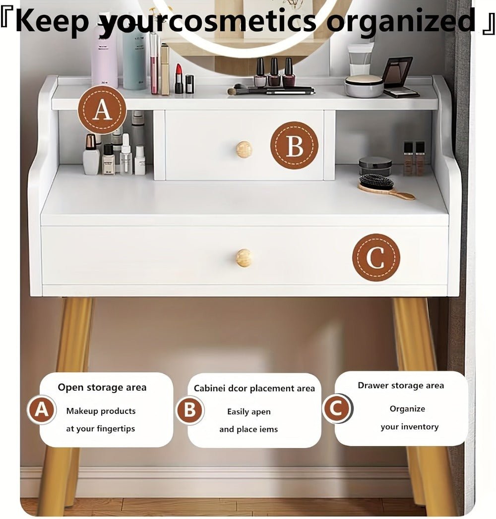 Vanity Desk with Mirror and Lights, Brightness Adjustable Makeup Table with Drawer, Bedroom Dressing Table for Small Space, White