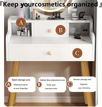 Vanity Desk with Mirror and Lights, Brightness Adjustable Makeup Table with Drawer, Bedroom Dressing Table for Small Space, White