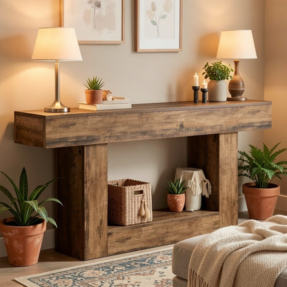 63 Inch Farmhouse Console Table with U-Shaped Base & 2-Tier Shelves, Rustic Brown & Grey Two-Tone Sofa Table for Living Room Hallway Foyer Entryway
