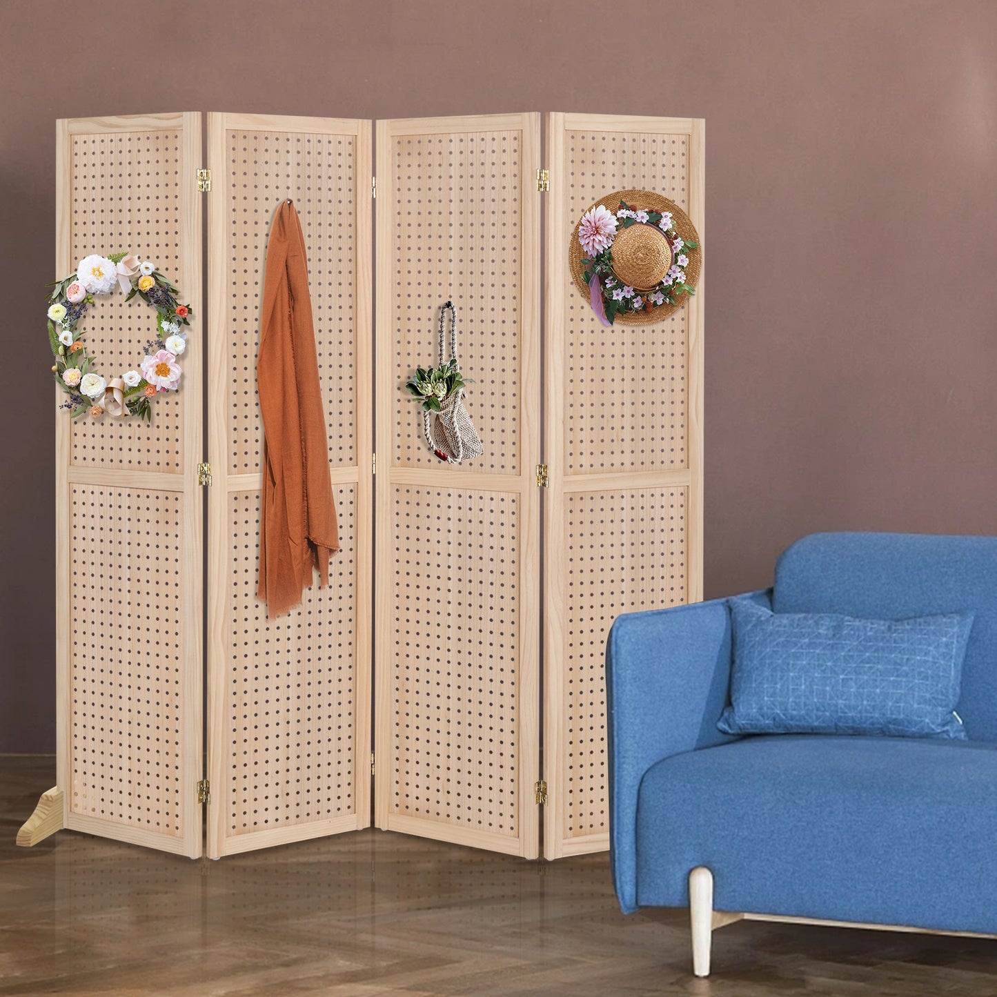 VINGLI Freestanding Pegboard with Support Feet, 5 FT Wood Room Divider Display Board Organizer, Folding Privacy Screen Partition Space Separator for Craft Shows Events Retail