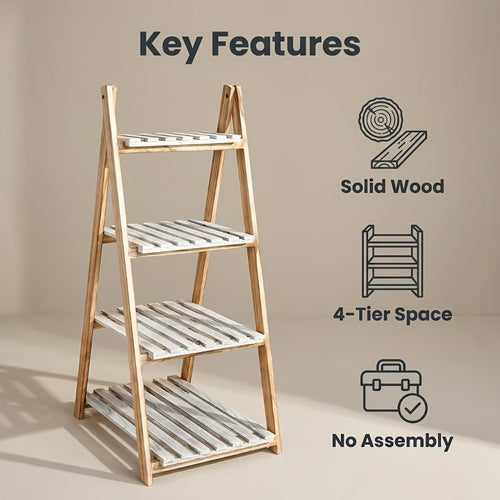 4-Tier Ladder Shelf, Wooden Plant Shelves, Ladder Bookshelf, Rustic Flower Display Rack, Wooden Display Shelves Plant Stand, Indoor Ladder Shelf For Living Room, Office, Bedroom
