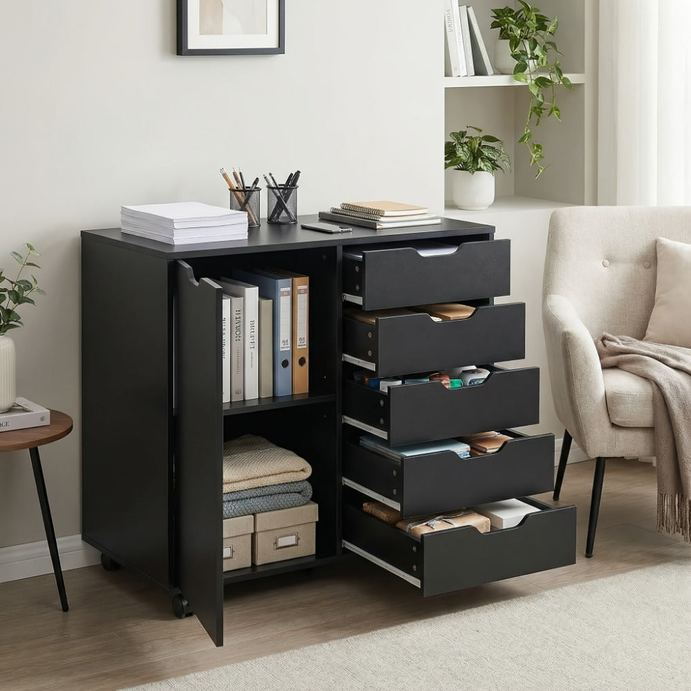 5-Drawer Office Storage Cabinet with Wheels & Printer Stand – Wooden Chest of Drawers with Adjustable Shelves & Locking Casters for Home Office, Black & White