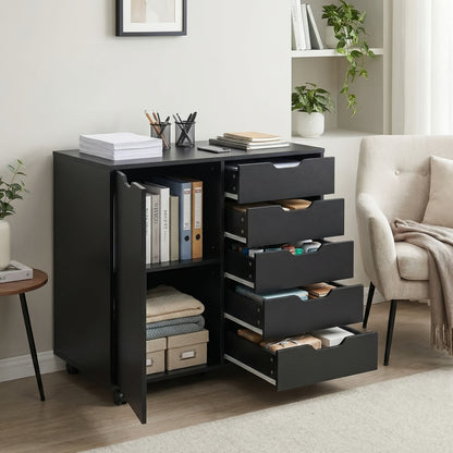 5-Drawer Office Storage Cabinet with Wheels & Printer Stand – Wooden Chest of Drawers with Adjustable Shelves & Locking Casters for Home Office, Black & White