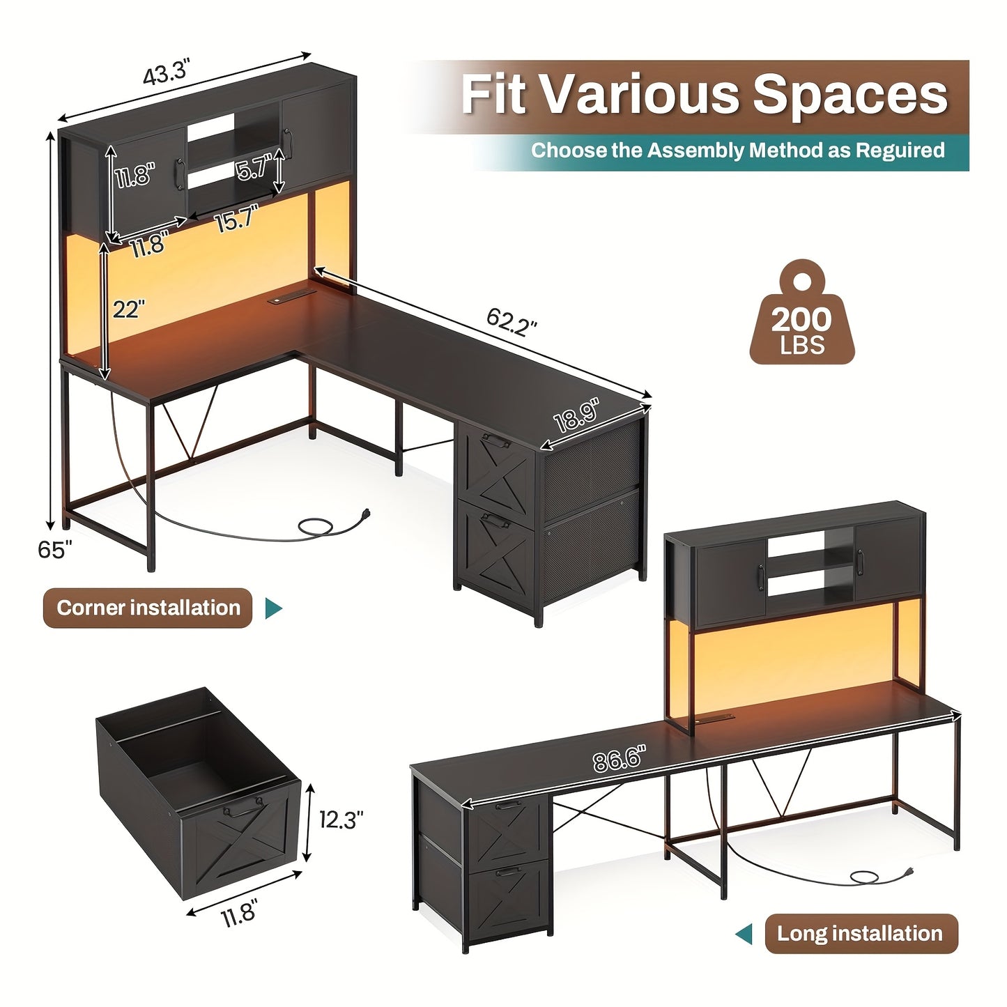 L-shaped Desk with Drawers, 62.2-inch Home Office Desk Featuring Fabric File Drawers and Power Outlets, L-shaped Desk with Storage Cabinet, Storage Shelf, LED Light