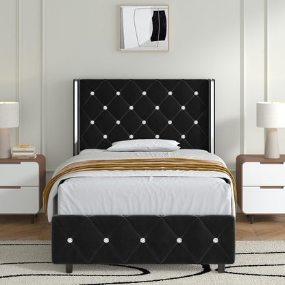 Diamond Tufted Bed Frame with Wingback Headboard & Silvery Side Wings – Upholstered, No Box Spring, Twin Full Queen King, 6 Colors