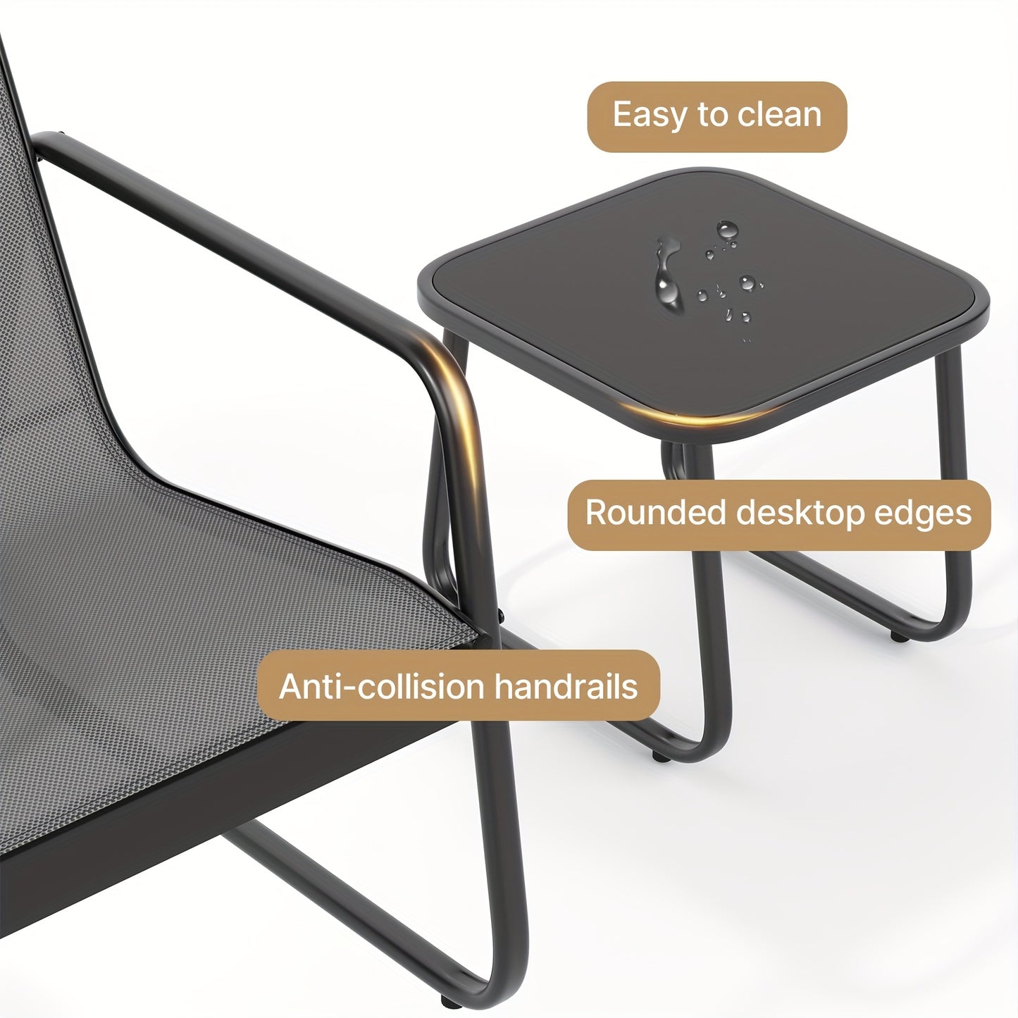 Patio Chairs Set of 3, Patio Furniture Set with Metal Frame Glass Table, Outdoor Chairs Set of 3 for Balcony, Bistro Table And Chairs Set for Lawn, (Black, Gray)