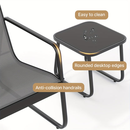 Patio Chairs Set of 3, Patio Furniture Set with Metal Frame Glass Table, Outdoor Chairs Set of 3 for Balcony, Bistro Table And Chairs Set for Lawn, (Black, Gray)