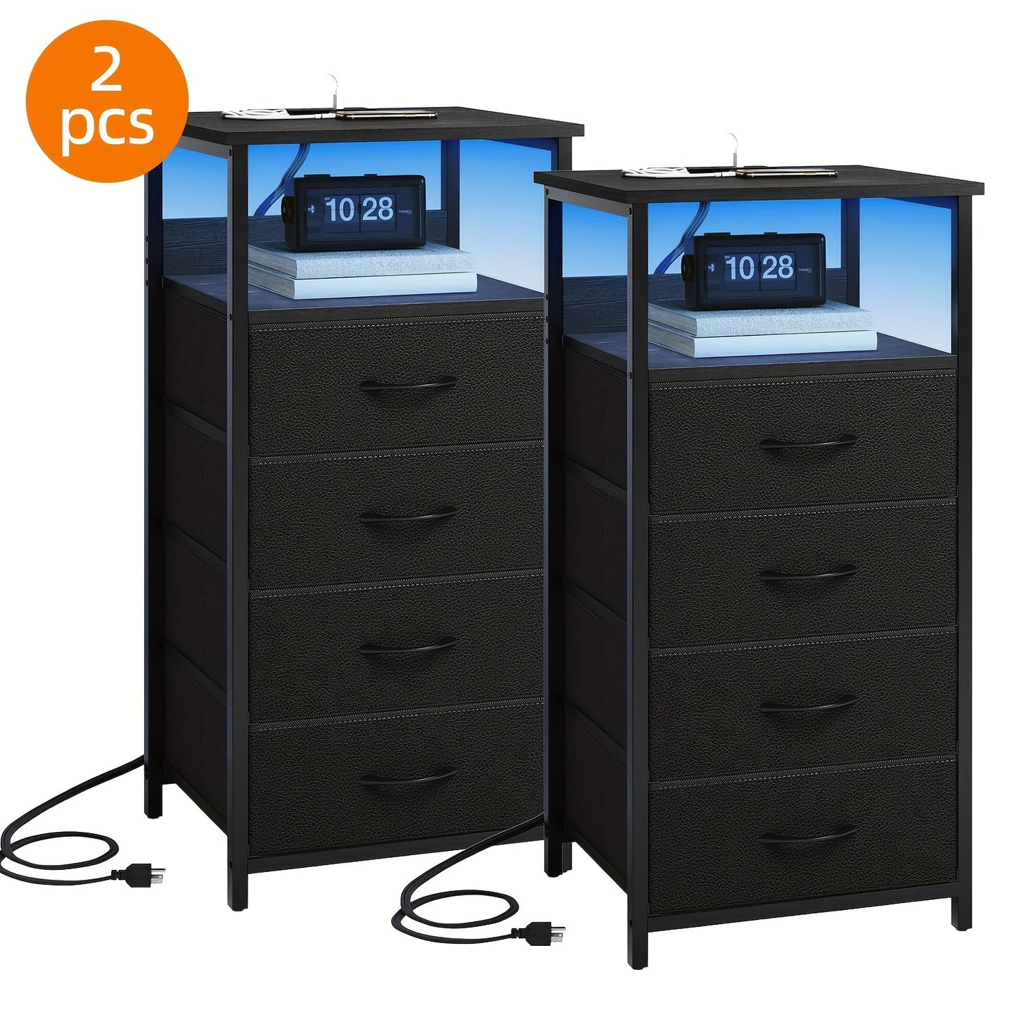 [Halloween Christmas] TOMNK Night Stand With Charging Station Set Of 1/2, Dresser For Bedroom With LED Light, Side Table With USB Port, 3/4 Fabric Drawers With PU End, For Small Spaces, Closet, School And Dormitory Storage, Entryway, For Halloween And Chr