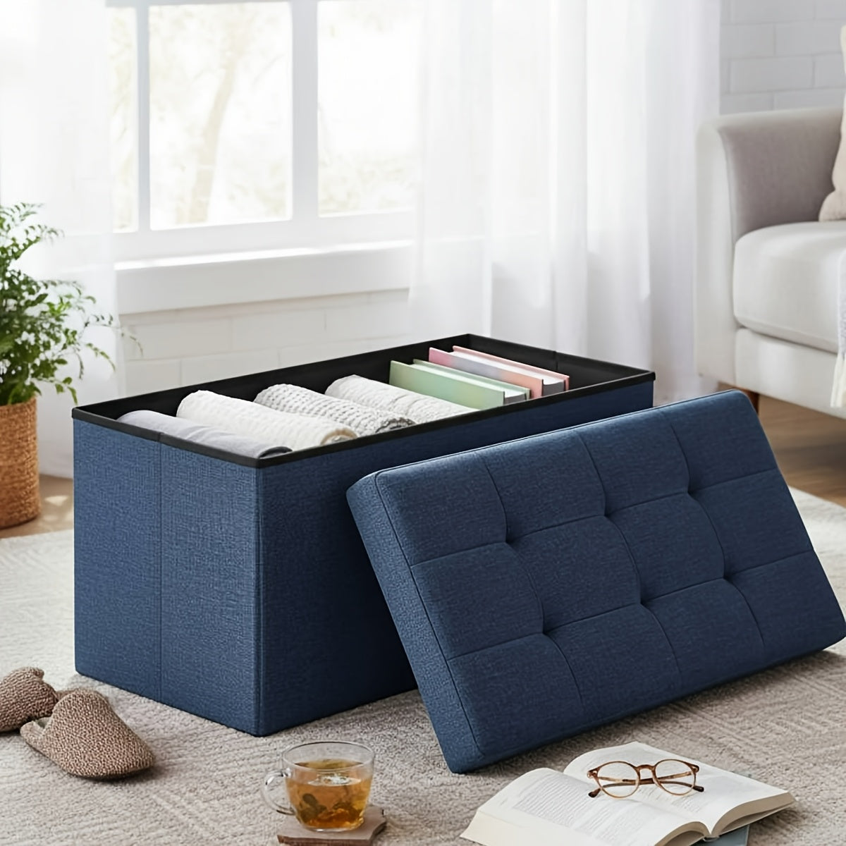 Multi-Functional Ottoman with Storage Bench | Folding Foot Rest Stool, Space-Saving, Load 660 lbs, Upholstered, Classic Style, Hardwood, OLIXIS for Living Room, Bedroom, Office, Dorm