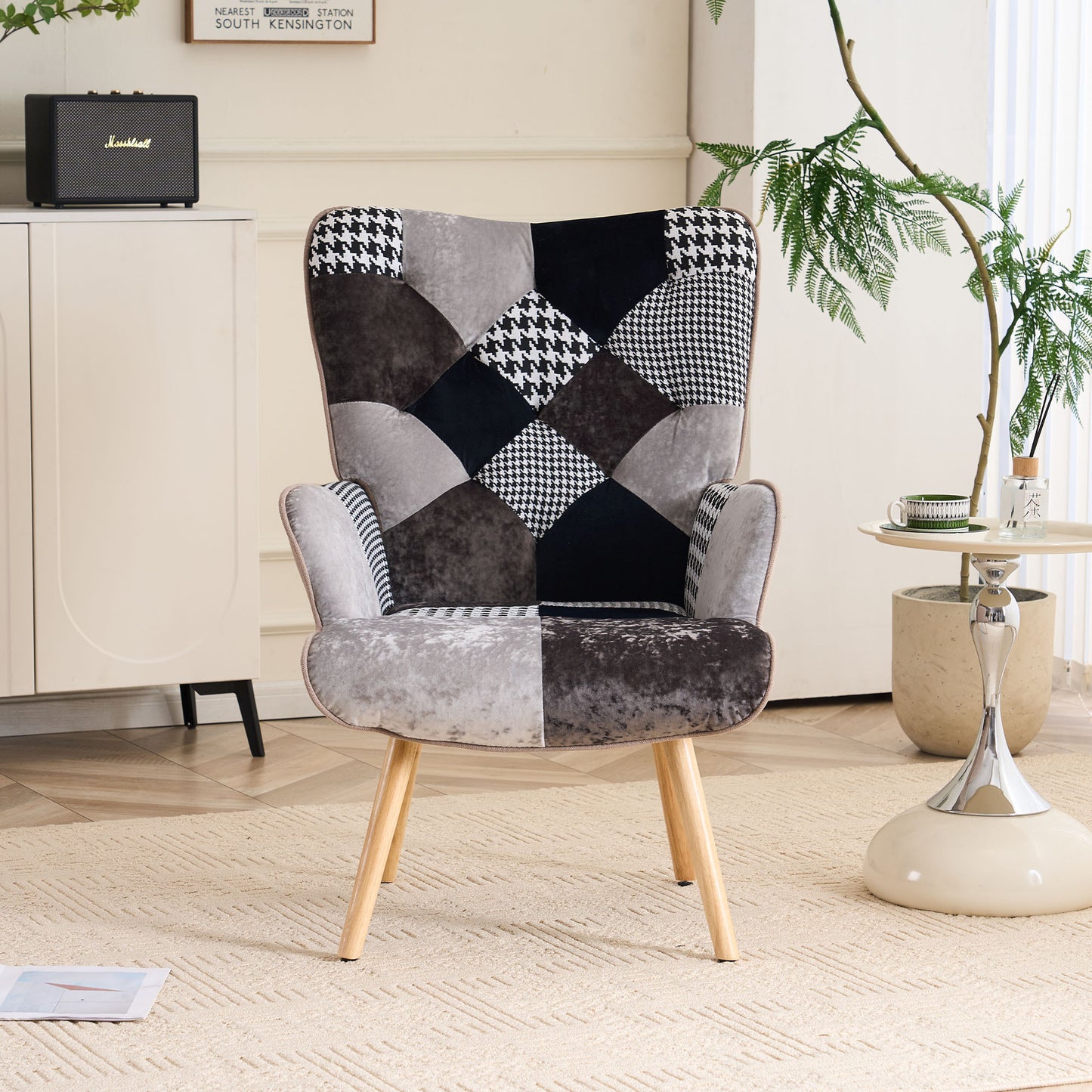 Patchwork Accent Chair High Back Armchair with Memory Foam Cushion & Hardwood Legs – 330 lbs Capacity Linen Upholstered Reading Chair for Living Room Bedroom Home Office, 6 Colors