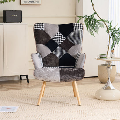 Patchwork Accent Chair High Back Armchair with Memory Foam Cushion & Hardwood Legs – 330 lbs Capacity Linen Upholstered Reading Chair for Living Room Bedroom Home Office, 6 Colors