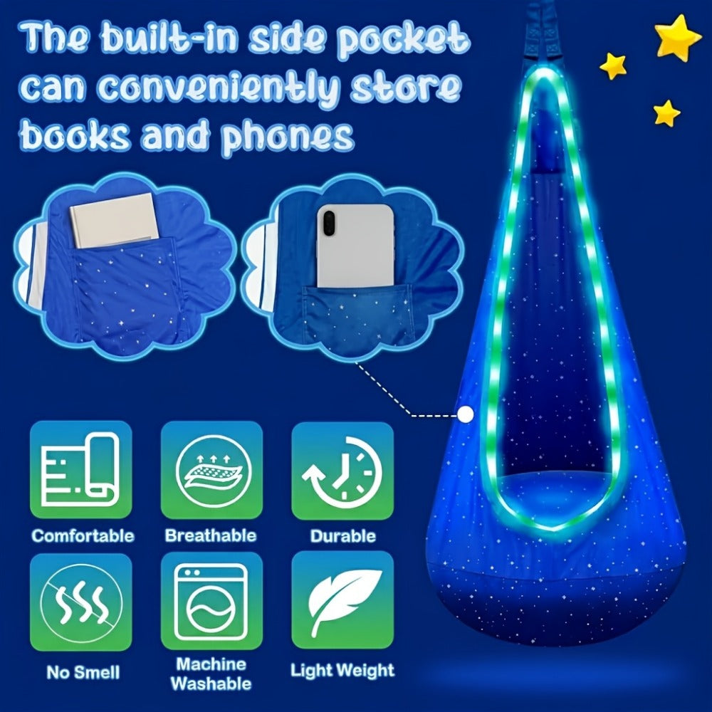 Hammock Chair with LED Lighting & Air Pillow Mounting Kit, 16-Color Remote Control, Hanging Swing Seat for Bedroom Balcony Study, Blue & Pink