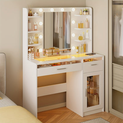 Vanity Desk with Lighted Mirror Power Strip and 10 Bulbs - Makeup Table with 2 Drawers Storage Cabinet 3-Color Adjustable Lighting in White