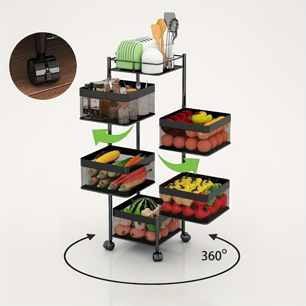 5-Tier Rotating Storage Rack with Wheels – Metal Rolling Cart for Kitchen, Bathroom & Garage – Fruit Vegetable Basket Utility Shelves