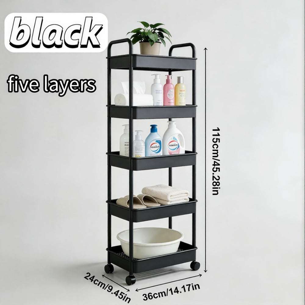4 or 5-Tier Rolling Storage Trolley Rack – Movable Multi-Layer Floor Organizer for Bathroom, Kitchen & Toilet, White or Black