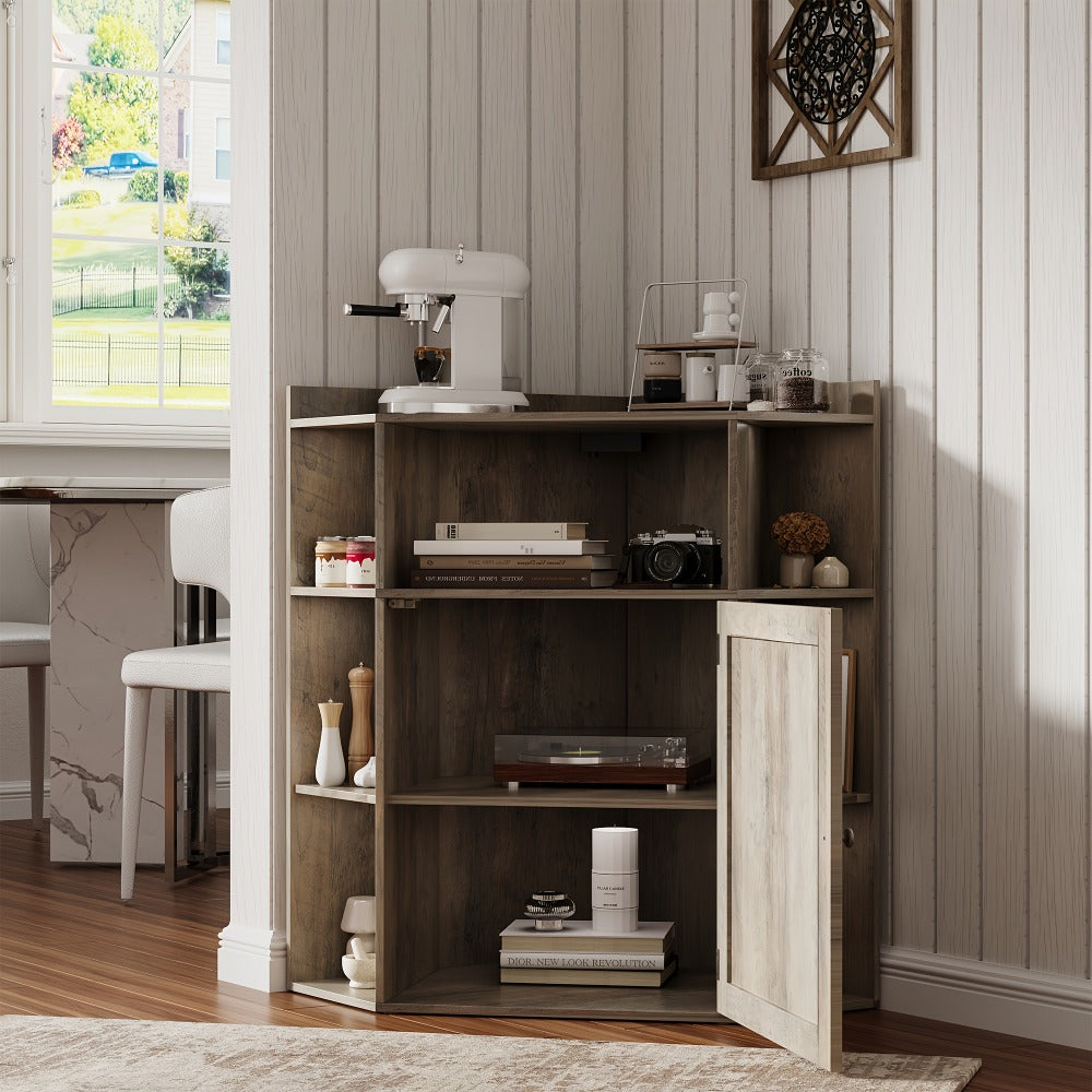 Modern Rustic Corner Cabinet with USB Ports & Outlets - /Particle Board Suitable for Small Spaces, 6-Cubby Bookshelf Storage Shelf with Stations, -Standing Organizer for Home Office,, Living Room (Assembly Required)