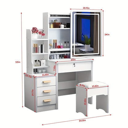 Vanity Dressing Table with Sliding Mirror & Cushioned Stool | 4 Drawers, 3 Shelves, Mirror Cabinet, White Bedroom Makeup Desk for Small Spaces