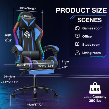 LED Gaming Chair with Wireless Speakers And Massage, Big And Tall Video Game Chair for 397Lbs with Footrest, Reclining High Back Computer Desk Chair
