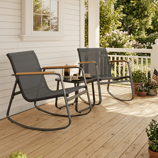 Asofer 3pcs Patio Rocking Chair Set With Glass Table, Outdoor Rockers With Breathable Teslin Mesh, Rust-Resistant Steel Frame, Ergonomic Backrest & Armrests For Garden Porch Backyard