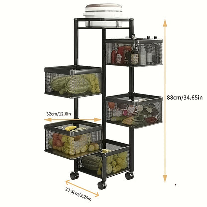 Five Layer Rotating Storage Rack, Metal Fruit And Vegetable Storage Basket, Multi-layer Vegetable Rack, Wheeled Storage Cart, Kitchen Bathroom Floor Standing Basket, Square, Suitable for Kitchen, Bathroom, And Garage Storage., Utility Shelves