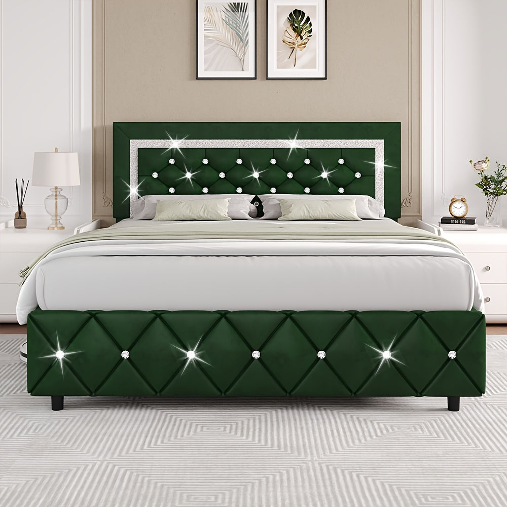 Upholstered Platform Bed Frame with Button-Tufted Diamond Headboard – Wooden Slats, No Box Spring Needed, Twin Full Queen King, Black White Pink Green Gray Beige
