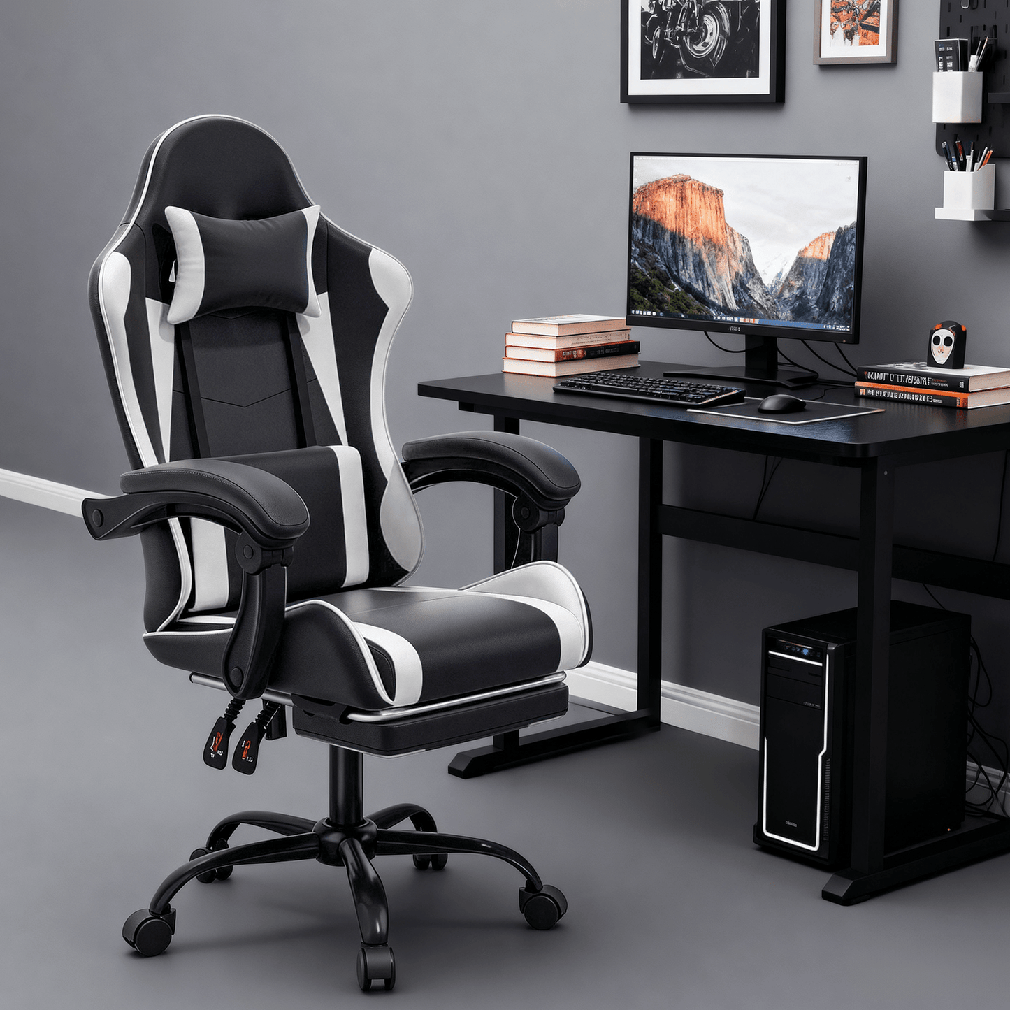 Ergonomic Gaming Chair with Retractable Footrest & Detachable Lumbar Support 360 Degree Swivel Racing Style PU Leather Computer Gaming Chair with Headrest for Home Bedroom Office