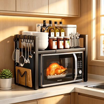 Space-Saving Adjustable Microwave Shelf, Multi-Functional Kitchen Counter Shelf. Thickened Metal, Strong Load Capacity. Easy Assembly, Available In Single Or Double Layer. Adjustable From 16 -24in. Suitable for Microwave, Cookware, And Spice Storage