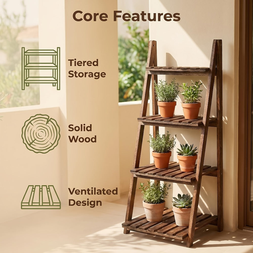 4-Tier Ladder Shelf, Wooden Plant Shelves, Ladder Bookshelf, Rustic Flower Display Rack, Wooden Display Shelves Plant Stand, Indoor Ladder Shelf For Living Room, Office, Bedroom