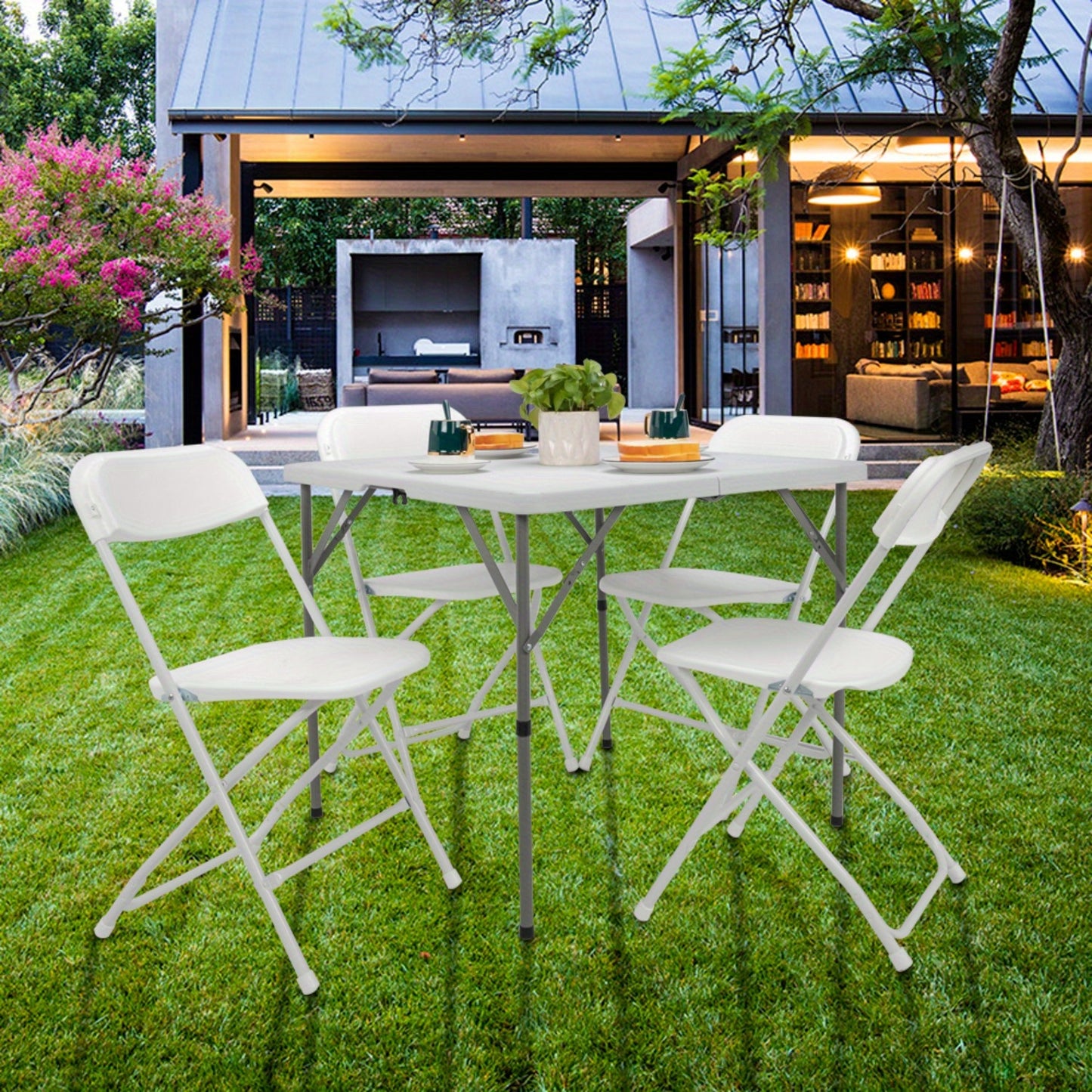 Bonnlo 34 Inch Folding Card Table Square Bi Folding HDPE Tabletop Sturdy Metal Frame Lock Design for Stability Indoor Outdoor Use Black/ White Folding Dining Table Foldable Kitchen Party Wedding Event Commercial Table