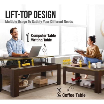 41" Lift Top Coffee Table with Hidden Storage Compartment & Rising Tabletop - Space-Saving Retro Modern Lift-Top Mechanism, Bottom Shelf Suitable for Home Office, Living Room, Reception Desk - Assembly Required, Wood