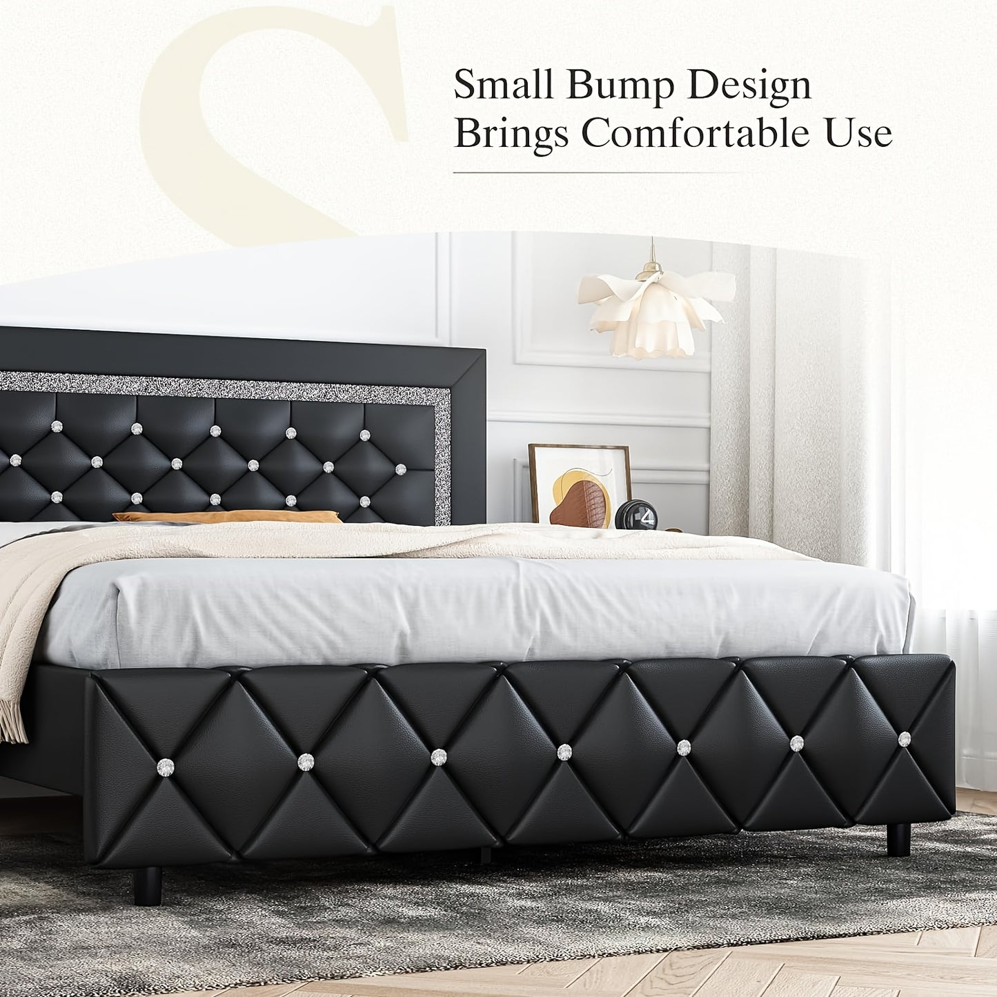 Upholstered Bed Frame With Diamond Tufted Headboard, Faux Leather Headboard & Footboard, Wooden Slats Support, No Box Spring Needed, Easy Assembly, Cozy Winter Gifts, Christmas Gift, Christmas Limited Edition, Festive Atmosphere, Black