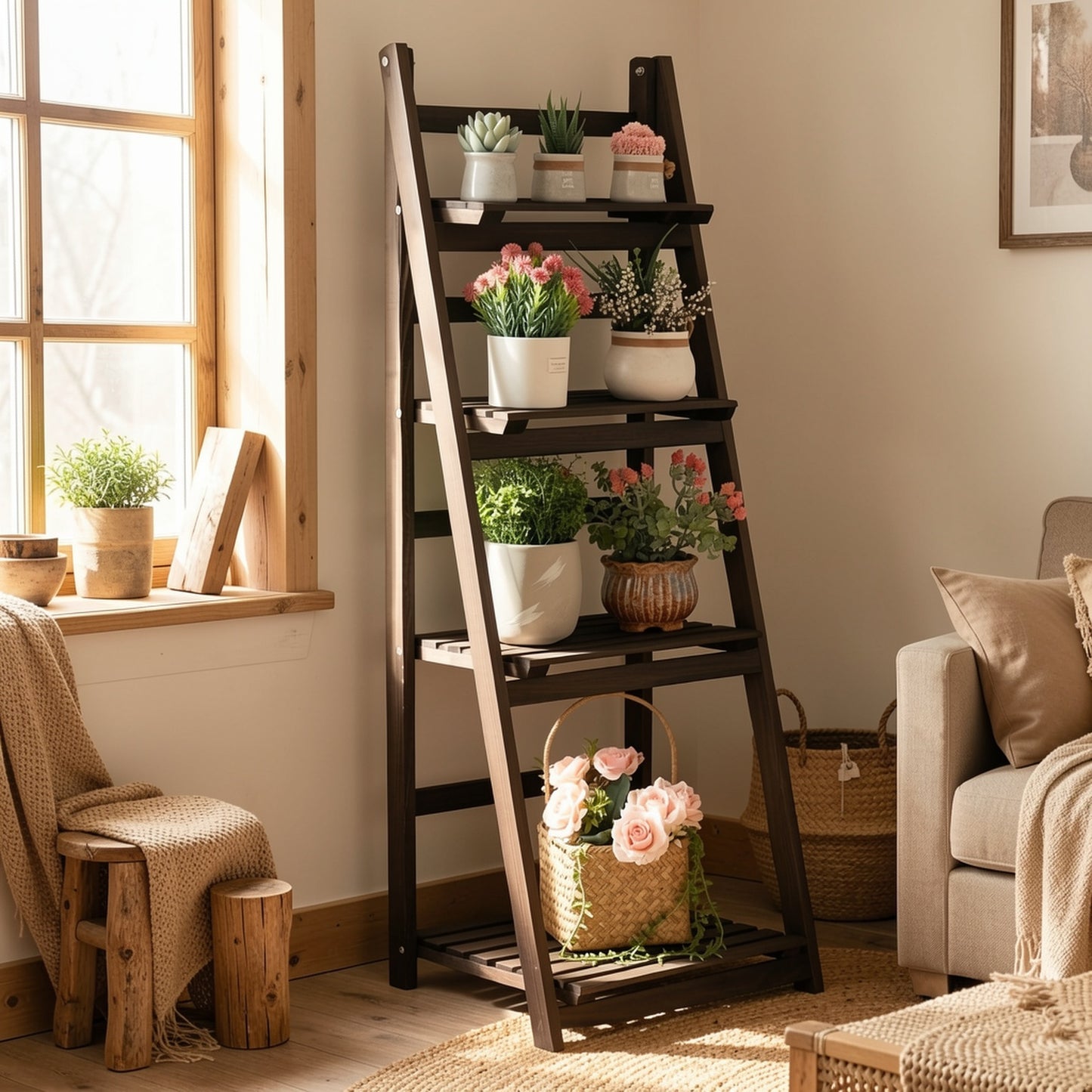 A Sturdy Wooden Plant Display Stand with Four Levels, Perfect for Organizing Your Garden, Patio, Balcony, Or Living Room Corner