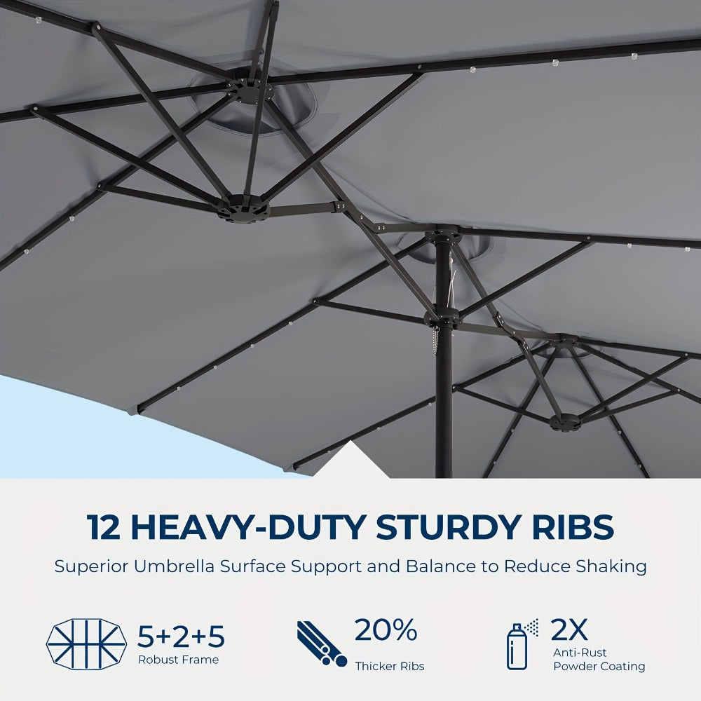 15 Ft Solar LED Patio Umbrella Double Sided with Base 48 LED Lights UPF50+ UV Protection 12-Rib Crank Handle for Lawn Garden Deck Pool 5 Colors
