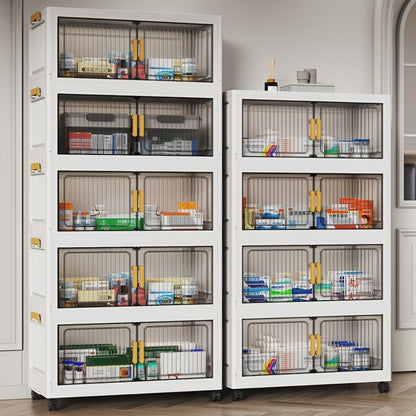 50CM-19.7" Large Capacity Foldable Medicine Cabinets with Lid, 3/4/5/6 Tier Stackable Medicine Box/Organizer with Casters, Multi-Purpose Cube Storage, Toilet Paper Storage Container, for Home, Office, Dorm Organization & Storage (Transparent)