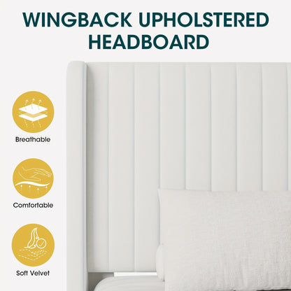 [Velvet Platform Bed Frame] WEEWAY Wingback Velvet Upholstered Platform Bed Frame, Vertical Channel Tufted Headboard, Wooden Slats Support, Heavy Duty Mattress Foundation, No Box Spring Needed, Easy Assembly, Avabliable Full/Queen/King Size, Free Shipping