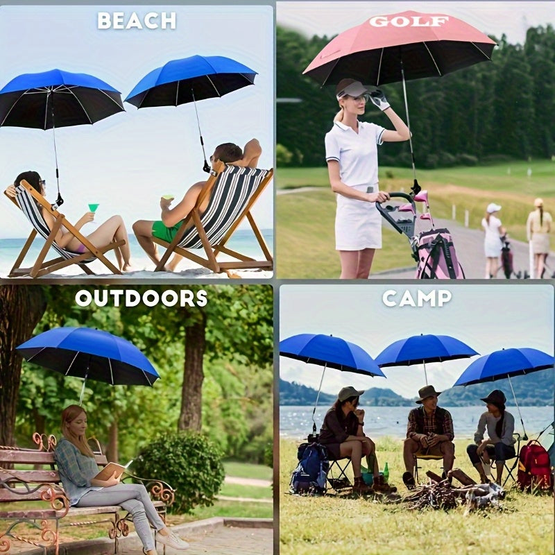 A Portable Outdoor Umbrella with a Clip That Can Rotate 360 Degrees, Featuring an Adjustable Heat-Resistant Rectangular Canopy Made of Tropical Blue Polyester Fabric And an Alloy Steel Frame, Designed for Manual Use with Camping Gear, Beach Chairs