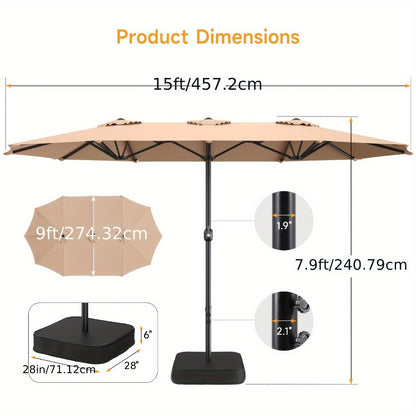 15ft Large Rectangle Patio Umbrella with Base Included – UPF50+ Double-Sided Canopy, Crank Handle, 12-Rib Wind Resistant Frame, Triple Vents, Safety Lock for Poolside, Garden & Yard, Beige & Blue