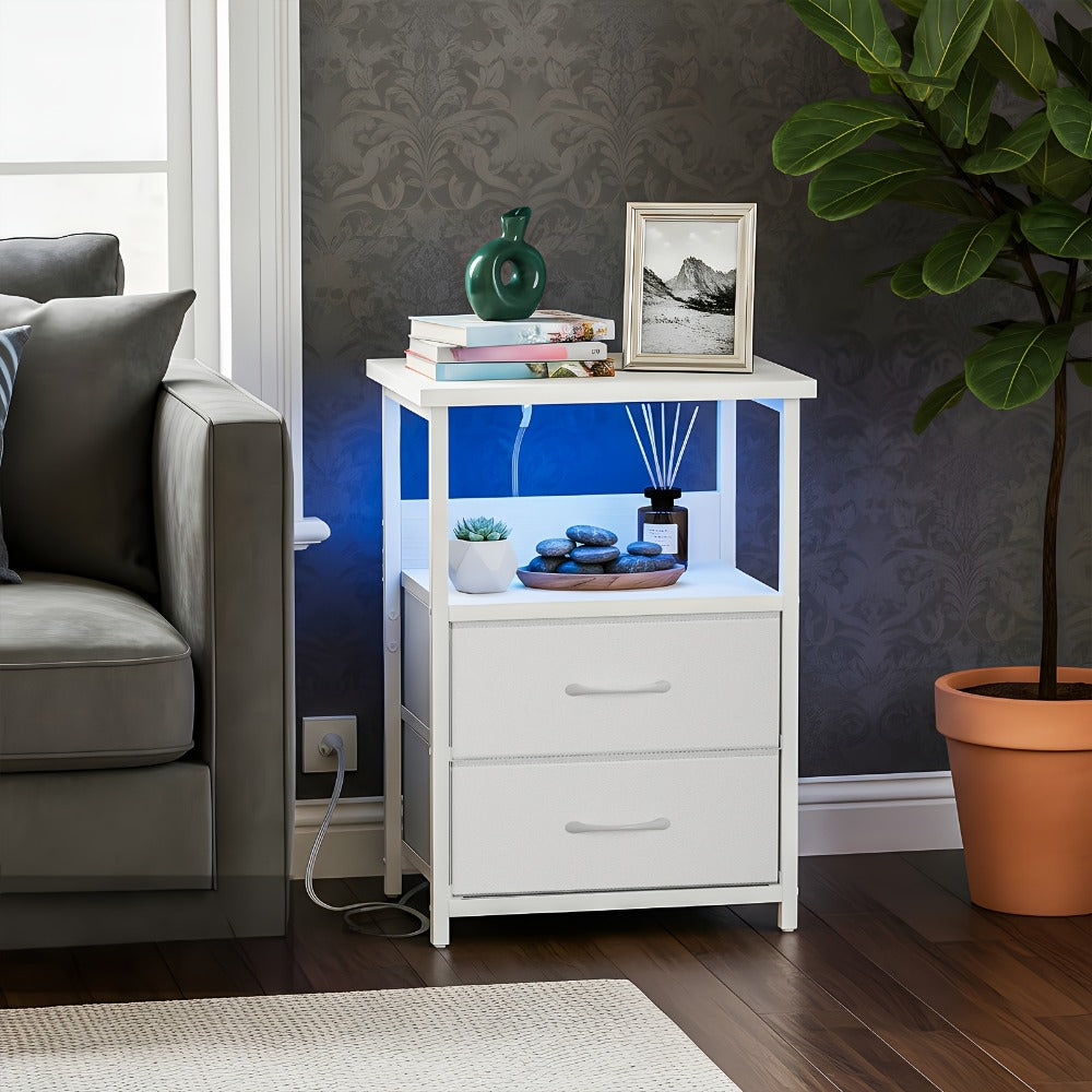 LED Nightstand with Charging Station & USB Ports | Fabric Drawer, PU Coating, Heavy-Duty Bedside Cabinet for Bedroom, Dorm & Home – Black, White, Brown