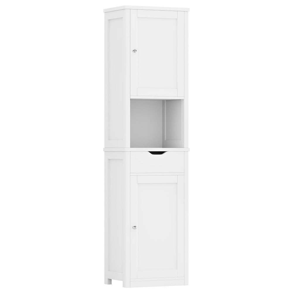 5-Tier Narrow Freestanding Storage Cabinet with 1 Drawer & 2 Doors White, Space-Saving Tower Shelf Floor Cabinet for Bathroom Kitchen Living Room Small Spaces