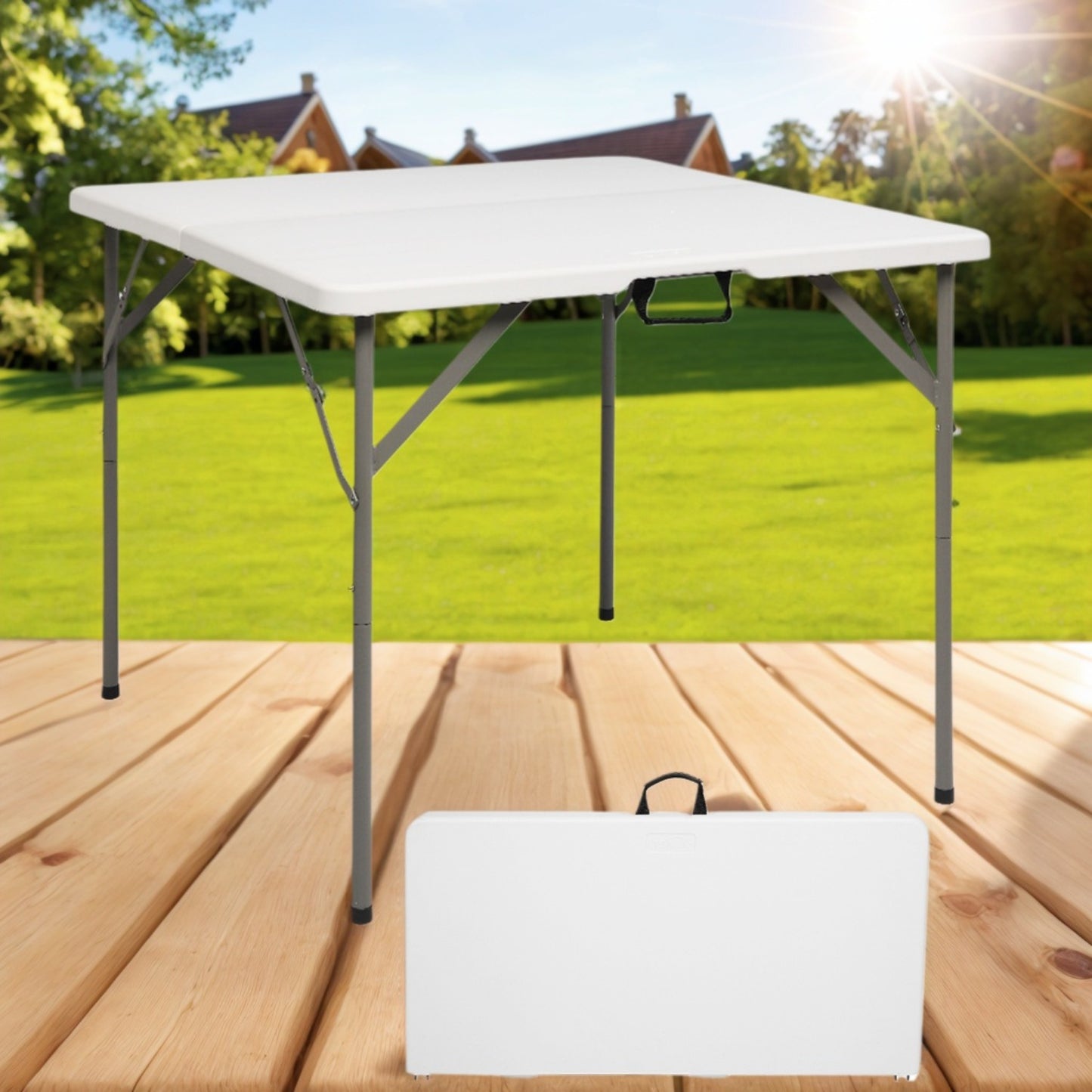 Bonnlo 34 Inch Folding Card Table Square Bi Folding HDPE Tabletop Sturdy Metal Frame Lock Design for Stability Indoor Outdoor Use Black/ White Folding Dining Table Foldable Kitchen Party Wedding Event Commercial Table