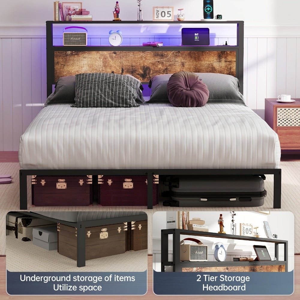 LED Bed Frame with USB Charging & 2-Tier Storage Headboard | Metal Platform, 12-Color Lights, Under-Bed Storage, 800 lbs, No Box Spring – Full Queen King