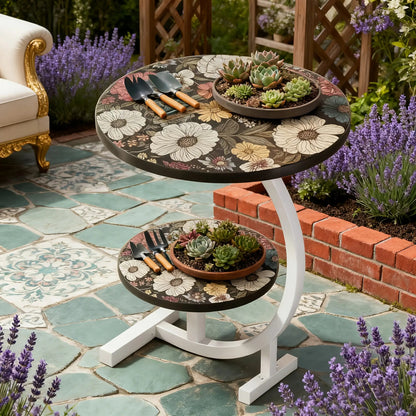 3-in-1 Modern Floral Pattern Multifunctional Courtyard Round Table - Convertible Coffee/side Table/outdoor Furniture, Double-layer Design, Wooden Tabletop And Metal Frame, Suitable for Courtyard, Garden/outdoor Use - Space Saving Circular Design