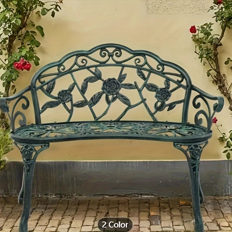 38.5in Rose-Shaped Outdoor Aluminum Patio Bench With Vintage Rose Carved Curved Legs, Suitable For Patios, Courtyards, And Gardens