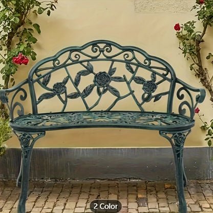 38.5in Rose-Shaped Outdoor Aluminum Patio Bench With Vintage Rose Carved Curved Legs, Suitable For Patios, Courtyards, And Gardens