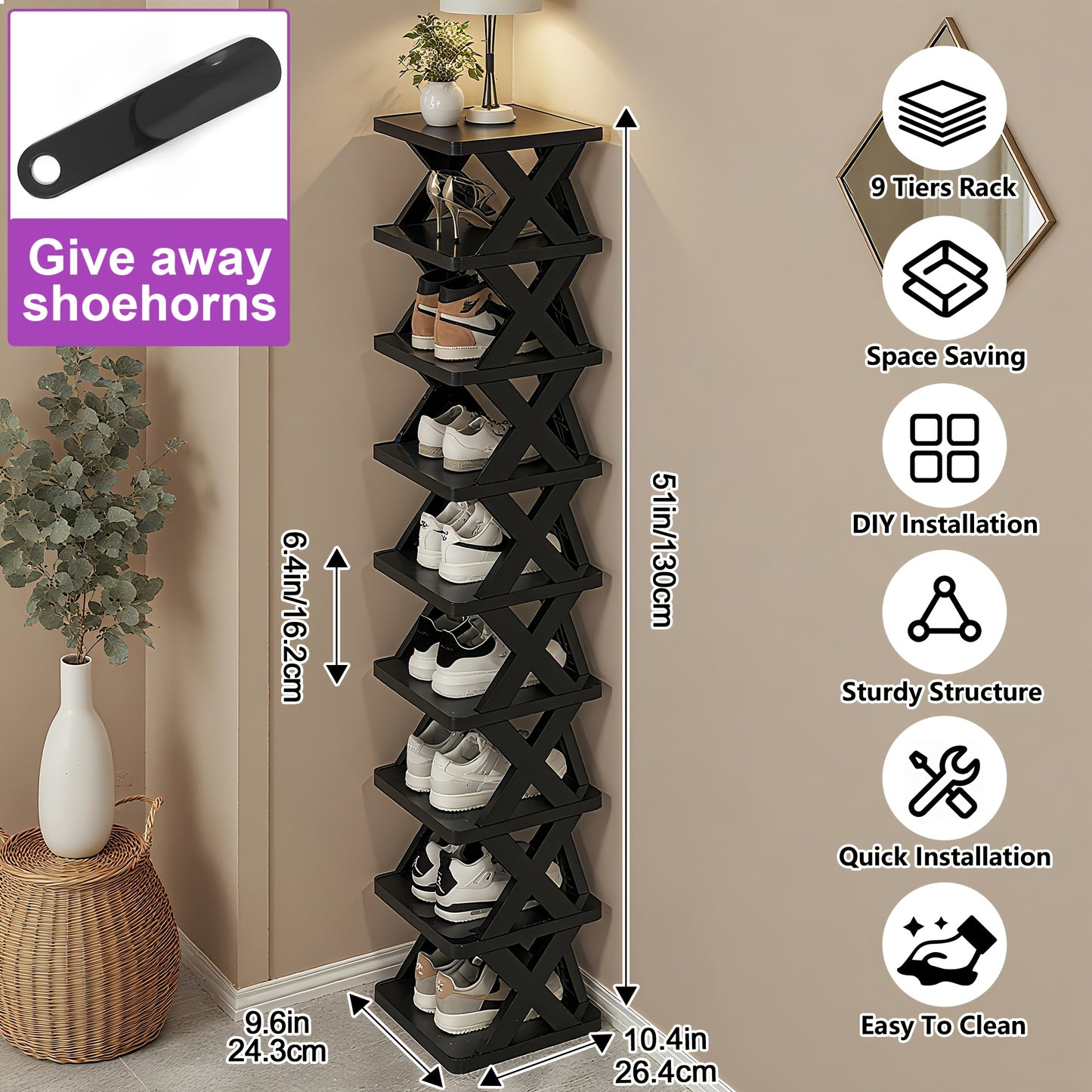 Stackable Shoe Rack 6 or 9 Tier Plastic Vertical Shoe Organizer, Space Saving Shoe Storage Shelf for Entryway Bedroom Hallway Dorm, 10 Color Options